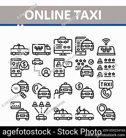 Online Taxi Collection Elements Icons Set Vector Thin Line. Taxi Truck And Car, Mobile Application, Web Site And Human Silhouette Concept Linear Pictograms
