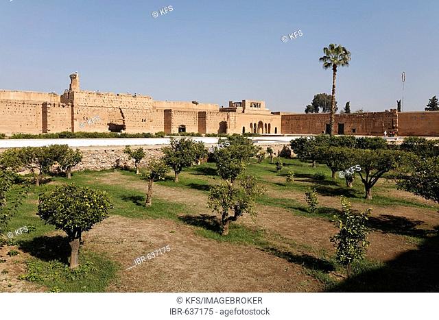 Ruins and gigantic inner courtyard of Palais El Badi, Marrakech, Morocco, Africa