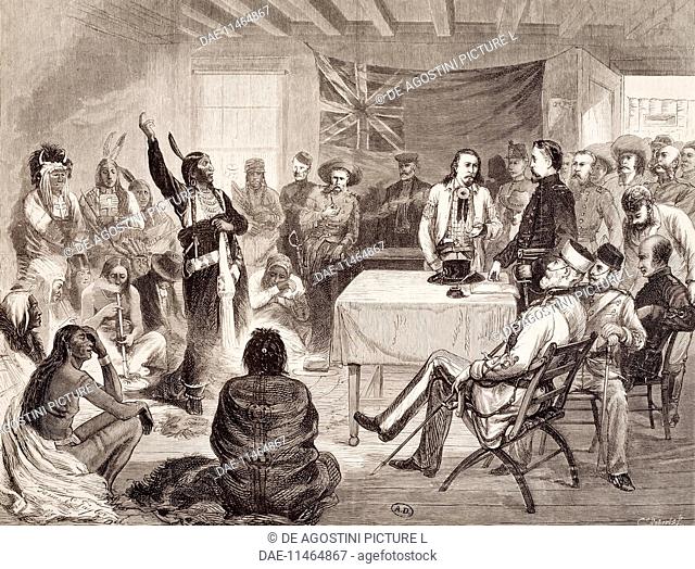 Sitting Bull council at Fort Walsh, British territory, October 1877, engraving. Indian wars, United States, 19th century