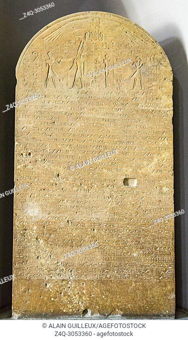 Egypt, Cairo, Egyptian Museum, stele of Amenhotep II, modified by Sethy I, from Memphis (Kom el Rabia). The text talks about the Asian military campaigns of...