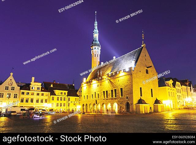 Night summer scenery of the Town Hall Square (Raekoja Plats) in Tallinn, Estonia