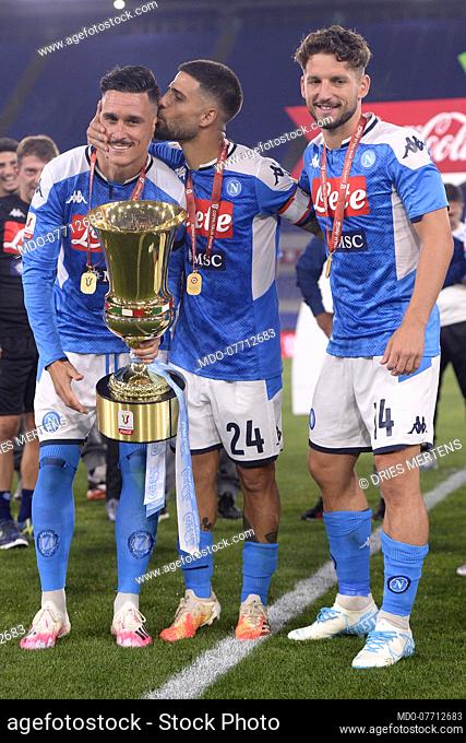 Jose maria Callejon, Lorenzo Insigne, Dries Mertens with cup during Coppa Italia final between Napoli and Juventus in the olimpic stadium