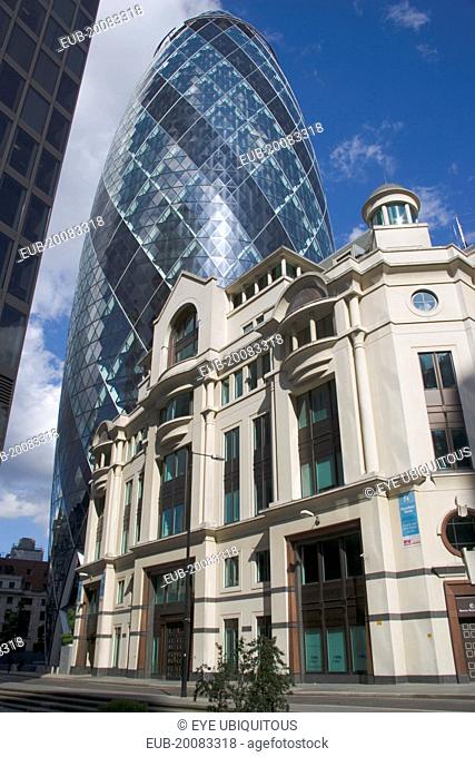 The Swiss Re building 30 St Mary Axe alternatively known as the Gherkin. Designed by Architect Sir Norman Foster