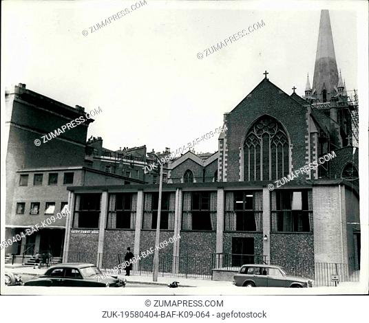 Apr. 04, 1958 - Modern Hall Built Behind Gothic -Style Church: At the rear of the Gothic-Style St. Jame's Church, Sussex Gardens, Paddington