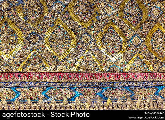 Wall pattern, Emerald Buddha Temple, Royal Palace, Grand Palace, Wat Phra Kaeo, Temple of the Emerald Buddha, Bangkok, Thailand, Asia