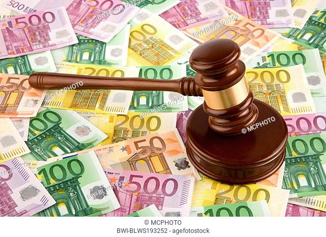 Euro bank notes and judge auction hammer