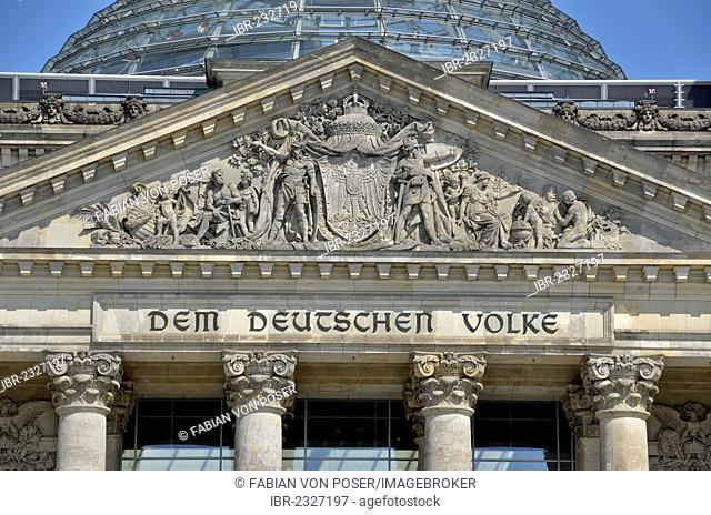 Reichstag building with the lettering dem deutschen Volke, German for to the German people, Government District, Berlin, Germany, Europe, PublicGround