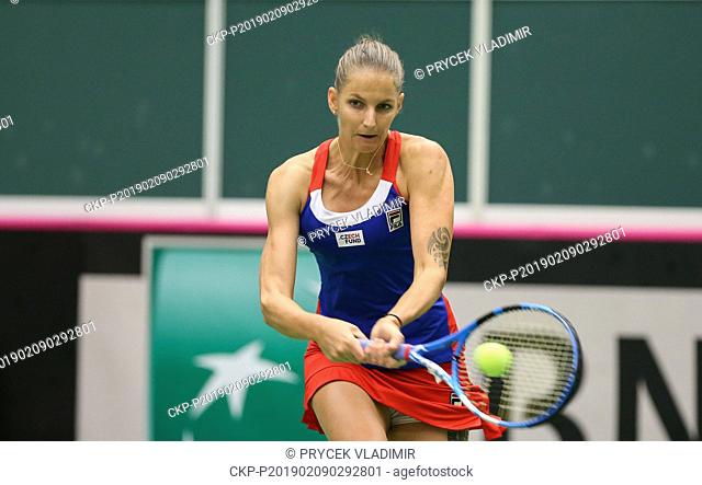 Karolina Pliskova of the Czech Republic returns a ball to Romanian tennis player Mihaela Buzarnescu in the first match of the Fed Cup World Group, 1st Round
