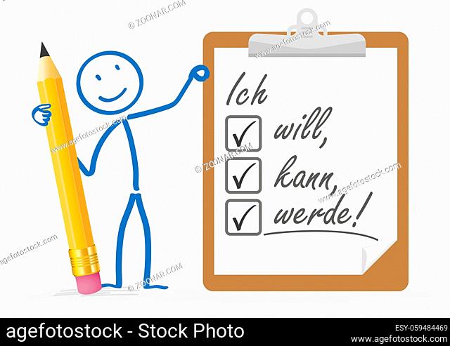 Stickman with pencil and german text