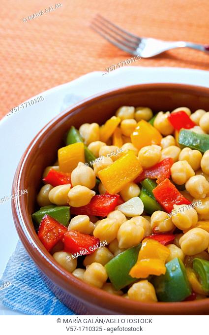 Chickpeas with peppers. Close view