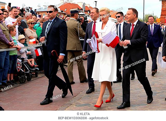 May 2nd , 2018 Castle Square in Warsaw, Poland. Polish National Flag Day and Polish Diaspora and Poles Abroad Day. In the Picture: President Andrzej Duda and...