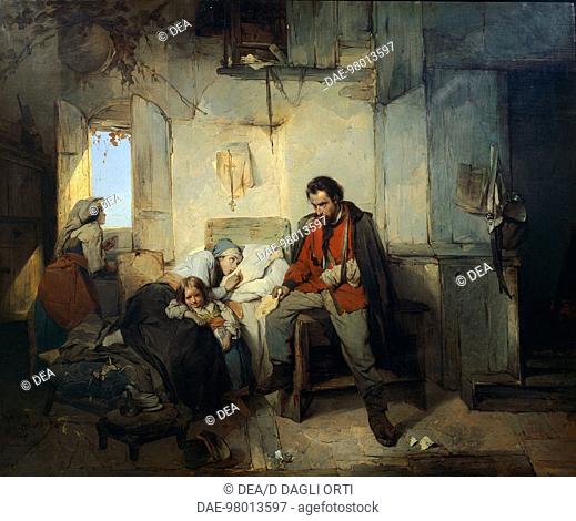 The return of the wounded soldier, 1854, by Gerolamo Induno (1825-1890), oil on canvas, 42.4 x53 cm.  Lugo Di Vicenza, Villa Godi Malinverni