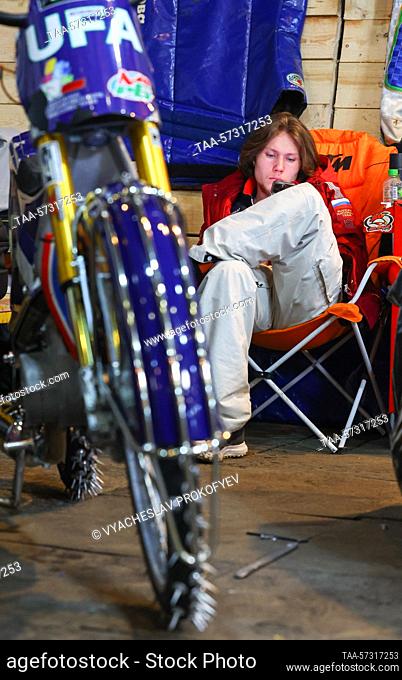 RUSSIA, KRASNOGORSK - FEBRUARY 12, 2023: Speedway rider Nikita Bogdanov of Ufa is seen before a race in the final of the Russian Individual Ice Speedway...