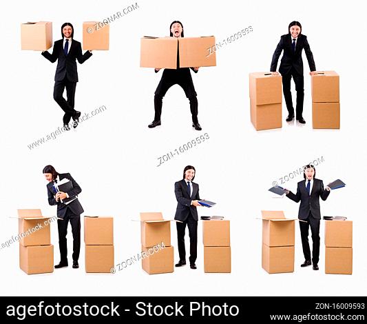 The funny man with boxes on white