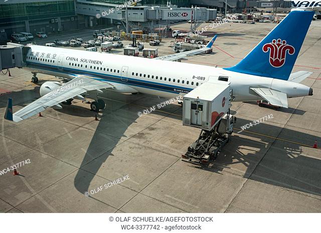 Singapore, Republic of Singapore, Asia - A China Southern Airlines Airbus A321 passenger plane is docked at a gate at Singapore's Changi Airport