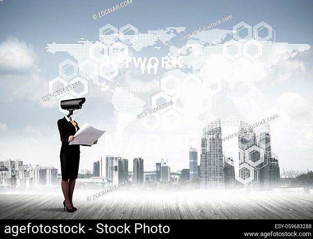 Businesswoman with camera instead of head and media user interface on screen