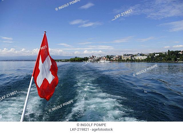 View over Lake Geneva to Ouchy, Lausanne, Canton of Vaud, Switzerland