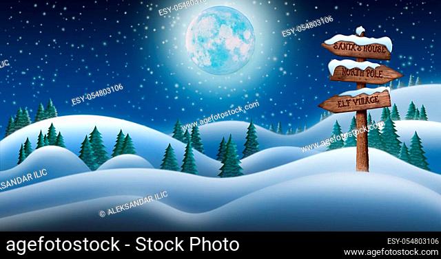 Christmas Night and the Snow Fields with Directional Sign Leading To Elf Village, North Pole and Santas House