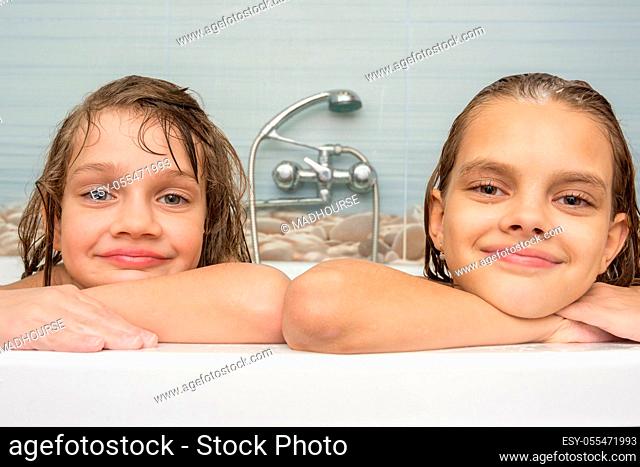 girl, bathing, together