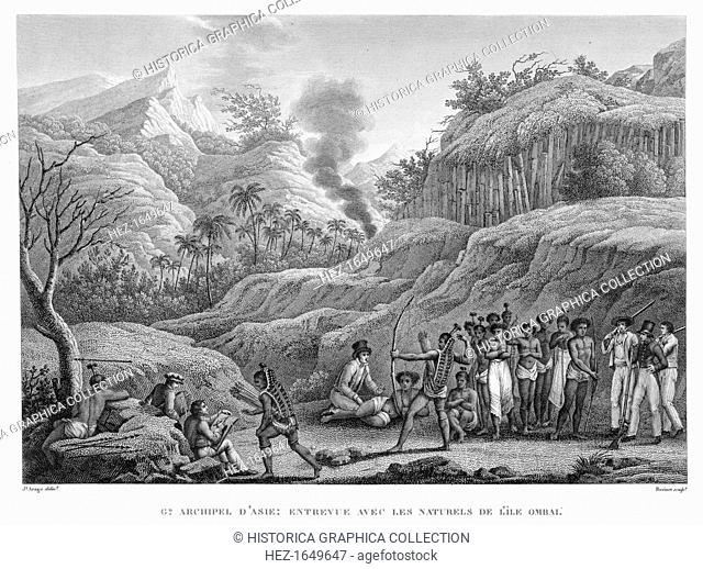 Great Asian Archipelago: French explorers with natives on the Island of Ombai, 1822-1824. From Voyage Autour du Monde (1817-20) by Louis Claude Desaulses de...