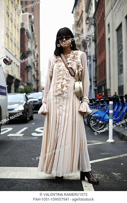 María Bernad posing on the street outside of the Maryam Nassir show during New York Fashion Week - Sept 12, 2018 - Photo: Runway Manhattan ***For Editorial Use...