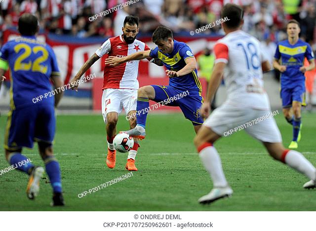 L-R Ihar Stasevich (BATE), Jan Boril (Slavia) and Stanislaw Drahun (BATE) in action during the third qualifying round match within UEFA Champions League between...