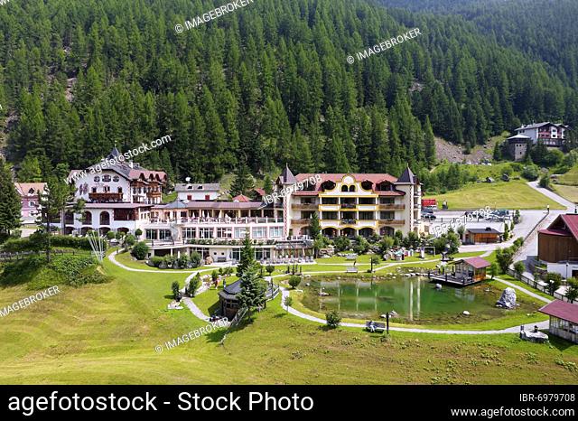 Aerial view Post Hotel with pond, mountain village Sulden, Solda, district of the municipality Stilfs, Suldental, Ortles Alps, Ortles, Vinschgau