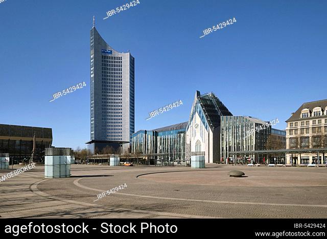 Empty Augustusplatz with City skyscraper and university, curfew due to coronavirus, Leipzig, Saxony, Germany, Europe