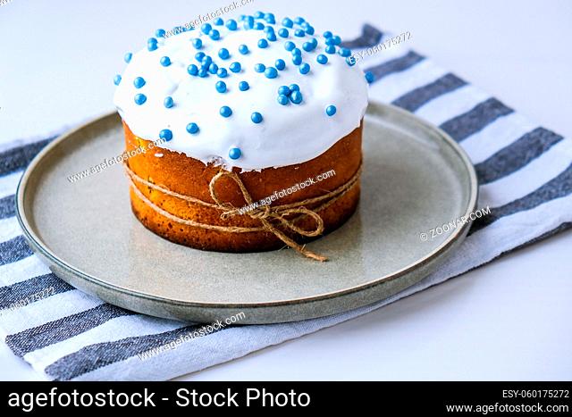 Happy Day Bright Easter. Orthodox Easter holiday. Traditional food. Creative stylish trend Homemade easter cake and eggs. Selective focus