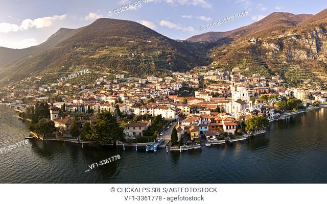 Panoramic view at sunset over Predore, Iseo lake in Bergamo province, Lombardy district, Italy, Europe