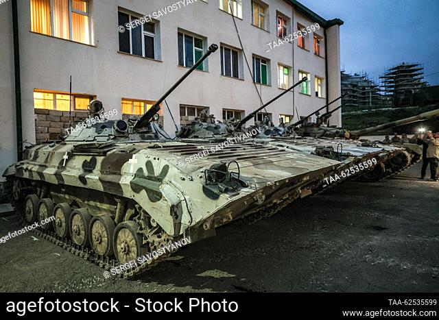 AZERBAIJAN, SHUSHA - SEPTEMBER 23, 2023: Captured BMP-2 amphibious infantry fighting vehicles are pictured in a street. According to the Azerbaijani Armed...