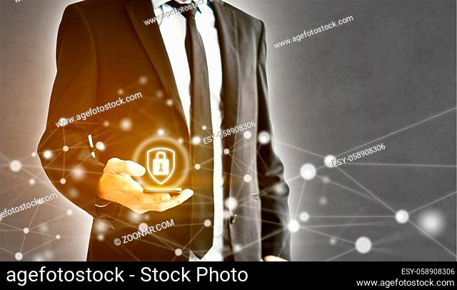 cyber security concept man holding mobile phone, businessman using smartphone