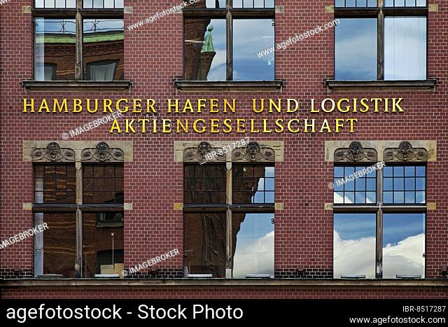 Hamburger Hafen und Logistik Aktiengesellschaft, abbreviated HHLA, lettering on a facade, Speicherstadt, Hamburg, Germany, Europe