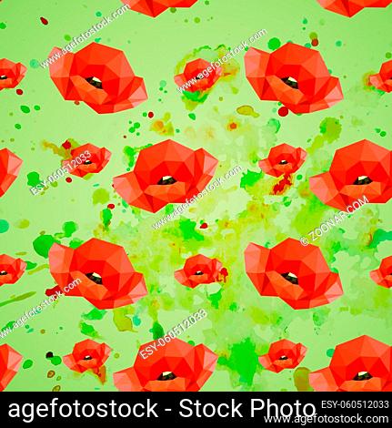 Illustration of seamless pattern with red poppies on watercolor background
