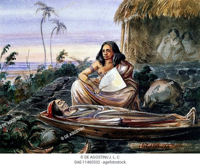 Death ritual in Tahiti, Society Islands, watercolour by Maximilien Radiguet (1816-1899), ca 1830. Polynesia, 19th century
