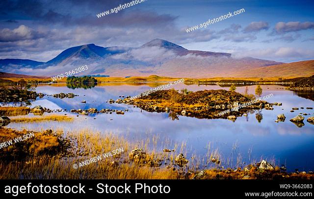 On the edge of Rannoch Moor ""Lochan na h-Achaise"" in the foreground with the peaks of Stob Ghabhar and Clach Leathad