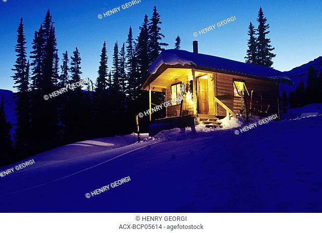 Group of backcountry skiers spend night in International Basin cabin near Golden, British Columbia, Canada