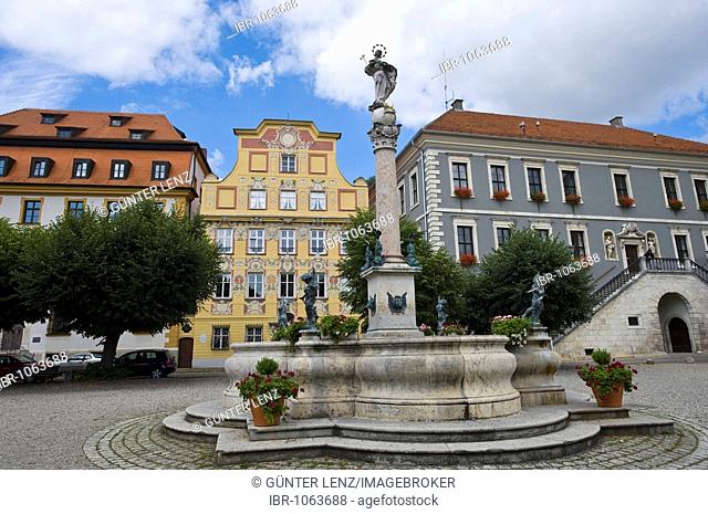 Fountain, town hall on the right, Neuburg on the river Danube, Upper Bavaria, Germany, Europe, PublicGround