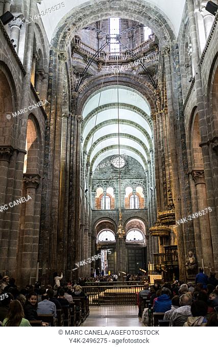 Europe, Spain, Santiago de Compostela, cathedral, church. The Botafumeiro is suspended from a pulley mechanism in the dome on the roof of the church