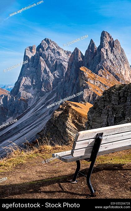Picturesque autumn Alps mountain scene, famous italian Dolomites Seceda majestic rock, Sass Rigais, Sudtirol, Italy. Beautiful traveling