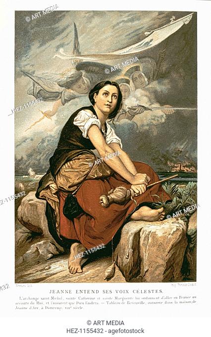 Joan of Arc, the Maid of Orleans, 15th century French patriot and martyr, mid 19th century. French patriot and martyr: Joan minding the flocks and spinning