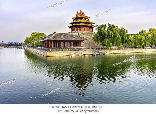 Arrow Watch Tower Gugong Forbidden City Moat Canal Plaace Wall Beijing China. Emperor's Palace Built in the 1600s in the Ming Dynasty.