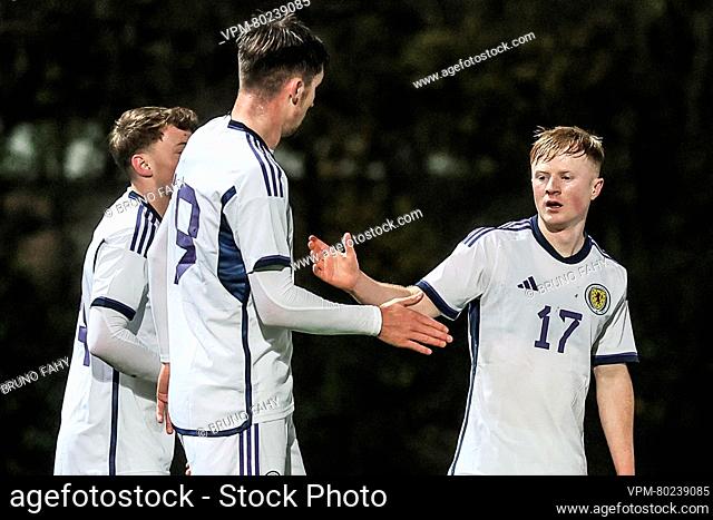 Scotland's Lyall Cameron celebrates after scoring during the match between the U21 youth team of the Belgian national soccer team Red Devils and the U21 of...