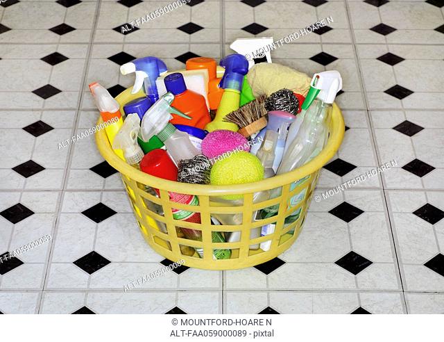 Cleaning products in laundry basket