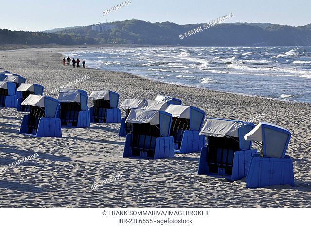 Beach of Goehren with blue and white roofed beach chairs, Baltic Sea resort town of Goehren, Ruegen, Mecklenburg-Western Pomerania, Germany, Europe