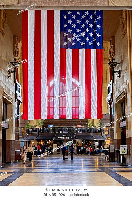 US flag hanging inside Kansas City Union Station, Kansas City, Missouri, United States of America, North America