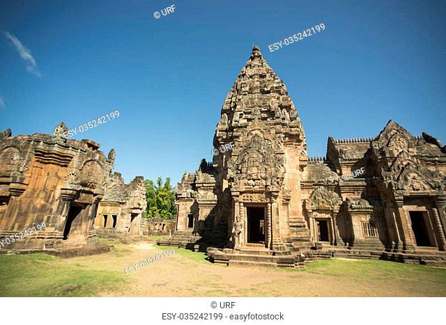 the Khmer Temple Ruins of the Prasat Phanom Rung south of the city of Buri Ram in Isan in Thailand