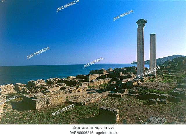 Columns of the tetrastyle temple, Tharros, Sinis Peninsula, Sardinia, Italy, Roman civilization, 1st century BC