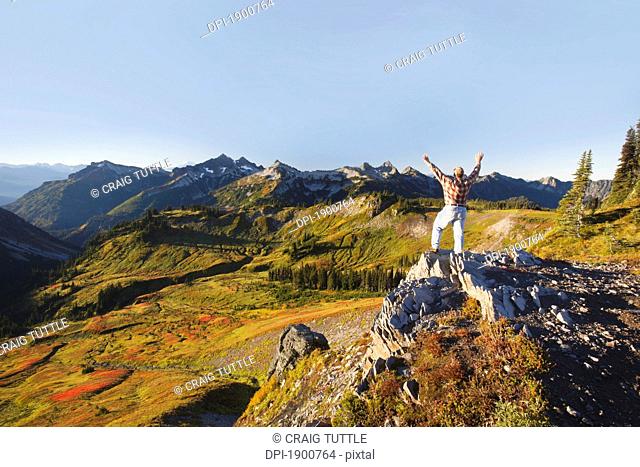 a hiker stands on a ridge with arms raised viewing the tatoosh mountains in mt. rainier national park, washington, united states of america