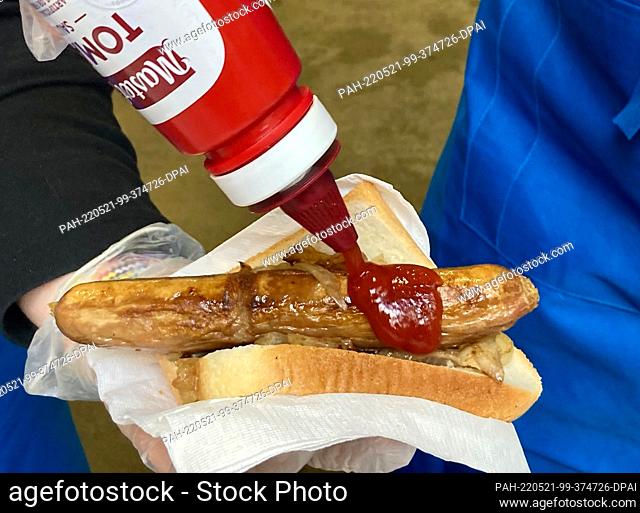 21 May 2022, Australia, Sydney: Election workers squeeze ketchup onto a sausage outside a polling station at the International Grammar School on Kelly Street in...